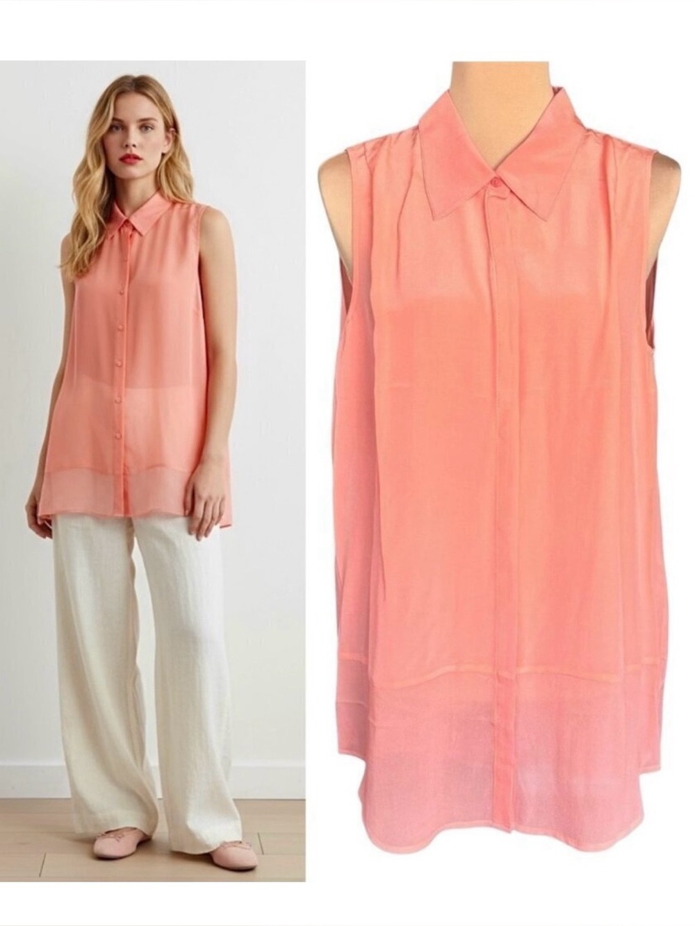 NWT Gold Hawk 100% Sleeveless Silk Tunic Top Sz M Peach Lagenlook Career Coastal
